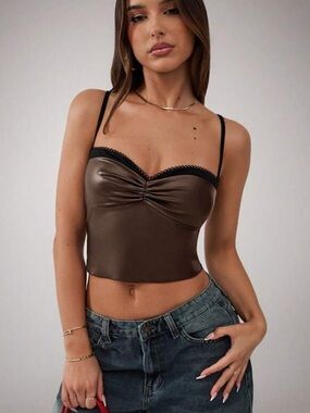 Brown Satin Crop Cami Top with Lace Trim